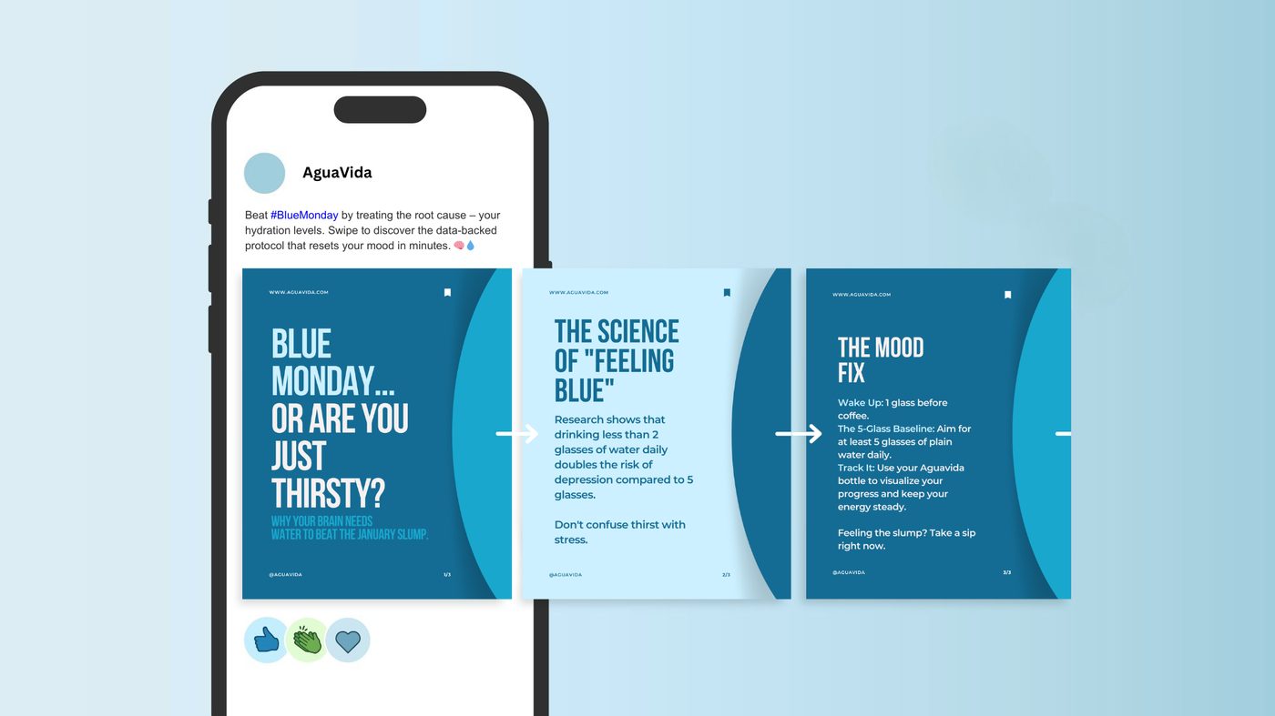 Aguavida LinkedIn carousel — Blue Monday